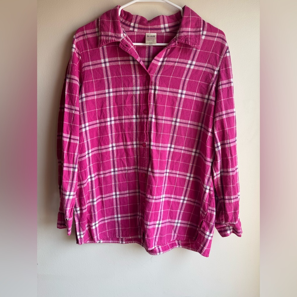 Blair Vibrant Pink Plaid Flannel 100% Cotton Size Medium